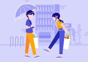 un par de hombres y mujeres jóvenes comprando con paquetes en una bolsa de comestibles, ilustración vectorial de personas de diseño plano vector