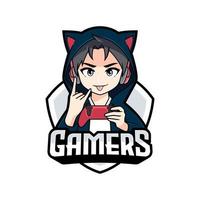 gamer anime boy con personaje con signo de mano de rock mascota esport logo