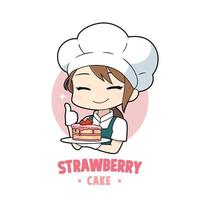linda caricatura de una chef de panadería sosteniendo un personaje del logotipo de la mascota de la torta de fresa vector