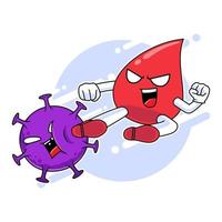 Red Blood mascot character kicking corona virus, fight against virus concept vector