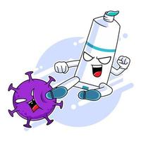 personaje de mascota de pasta de dientes pateando el virus de la corona, lucha contra el concepto de virus vector
