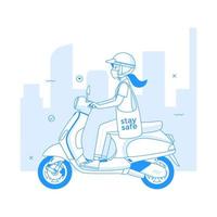 Girl on a scooter wear protective mask to avoid virus vector