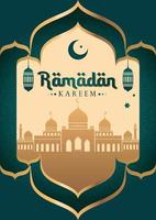 Ramadan poster design with mosque and green pattern template vector