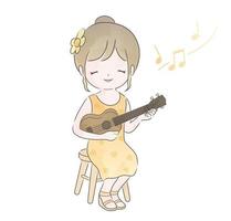 Watercolor Cute Girl Playing The Ukulele. Vector Illustration Isolated On A White Background.