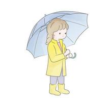 Watercolor Cute Girl In A Raincoat Holding An Umbrella. Vector Illustration Isolated On A White Background.