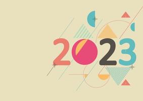 2023 Happy New Year design with modern geometric abstract background in retro style. Greeting card banner for 2023 calligraphy includes colorful yellow blue red shapes. Vector illustration