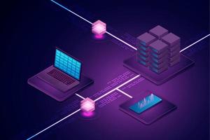 Connecting central data centers via laptops, mobile phones on Blockchain technology. vector