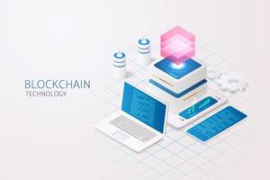 Blockchain technology and Cryptocurrency via computer and laptop system. vector