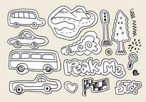 set of hand drawn kids doodles like cars, hills, trees, traffic lights. Transport Doodle Collection, vector illustration.