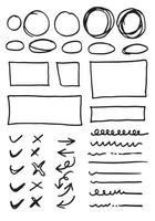 Doodle vector lines and curves.Hand drawn check and arrows signs. Set of simple doodle lines, curves, frames and spots. Collection of pencil effects. Doodle border. Simple doodle set.