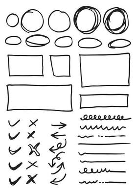 Doodle vector lines and curves.Hand drawn check and arrows signs. Set of simple doodle lines, curves, frames and spots. Collection of pencil effects. Doodle border. Simple doodle set.