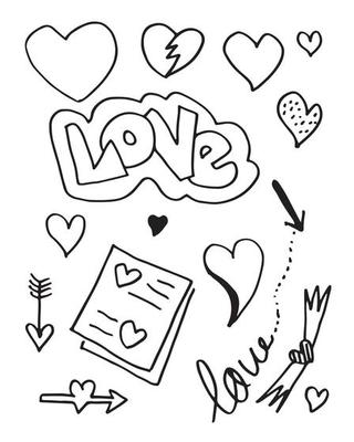 hand drawn doodles set for Valentine's Day. collection of beautiful hearts and writings Love. Vector illustration.