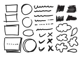 Doodle vector lines and curves.Hand drawn check and arrows signs. Set of simple doodle lines, curves, frames and spots. Collection of pencil effects. Doodle border. Simple doodle set.