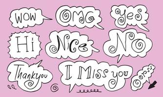 Hand drawn set of speech bubbles with handwritten short phrases  wow,OMG,hi,thank you,nice,no,yes,i miss you,oops on pink background. vector