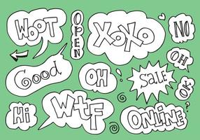 Hand drawn set of speech bubbles with handwritten short phrases  woot, open, xoxo, good, sale, wtf, online and more on green background. vector