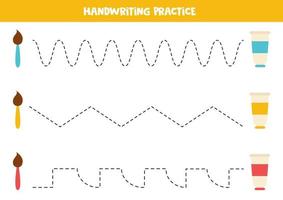 Tracing lines with colorful brushes and paints. Writing practice. vector