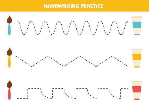 Tracing lines with colorful brushes and paints. Writing practice.