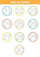 Tracing numbers from 21 to 30. Writing practice. vector