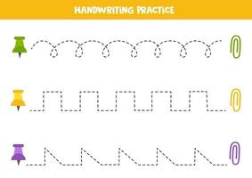 Tracing lines with colorful push pins and paper clips. Writing practice. vector