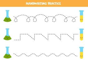 Tracing lines with cute test tubes. Writing practice. vector