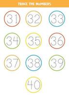 Tracing numbers from 31 to 40. Writing practice. vector