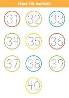 Tracing numbers from 31 to 40. Writing practice. vector