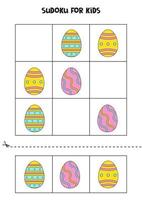 Educational sudoku game with cartoon Easter eggs for kids. vector