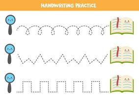 Tracing lines with cute magnifier glass and book. Writing practice. vector