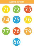 Learning numbers cards from 71 to 80. Colorful flashcards. vector