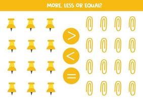 More, less, equal with cartoon push pins and paper clips. vector