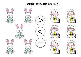 More, less, equal with cartoon Easter lambs and rabbits. vector