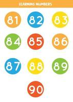 Learning numbers cards from 81 to 90. Colorful flashcards. vector