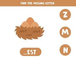 Find missing letter with cartoon nest. Spelling worksheet. vector