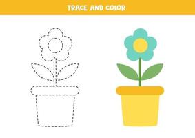 Trace and color cartoon flower. Worksheet for children. vector