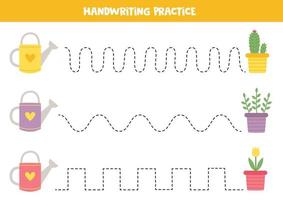 Tracing lines for kids. Colorful watering cans and flower pots. Writing practice. vector