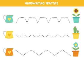 Tracing lines for kids. Colorful watering cans and flower pots. Writing practice. vector