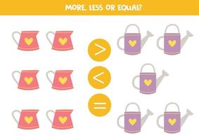 More, less, equal with cartoon watering cans. vector