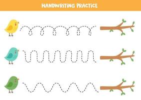 Tracing lines for kids. Cute birds flying to tree branches. Writing practice. vector