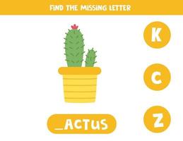 Find missing letter with cartoon cactus. Spelling worksheet. vector