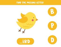 Find missing letter with cute bird. Spelling worksheet. vector