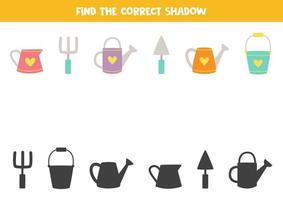 Find the correct shadows of cartoon garden tools. Logical puzzle for kids. vector