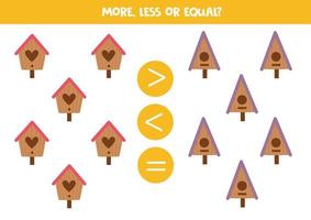 More, less, equal with cartoon colorful birdhouses. vector