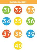 Learning numbers cards from 31 to 40. Colorful flashcards. vector