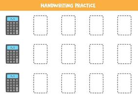 Tracing lines with cute calculator. Writing practice. vector