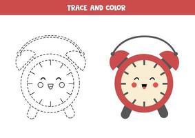 Trace and color cartoon alarm clock. Worksheet for children. vector