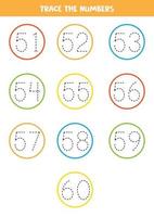 Tracing numbers from 51 to 60. Writing practice. vector