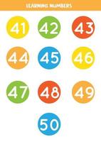 Learning numbers cards from 41 to 50. Colorful flashcards. vector