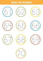 Tracing numbers from 61 to 70. Writing practice. vector