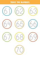 Tracing numbers from 61 to 70. Writing practice. vector