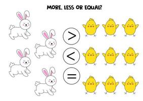 More, less, equal with cartoon Easter chickens and rabbits. vector